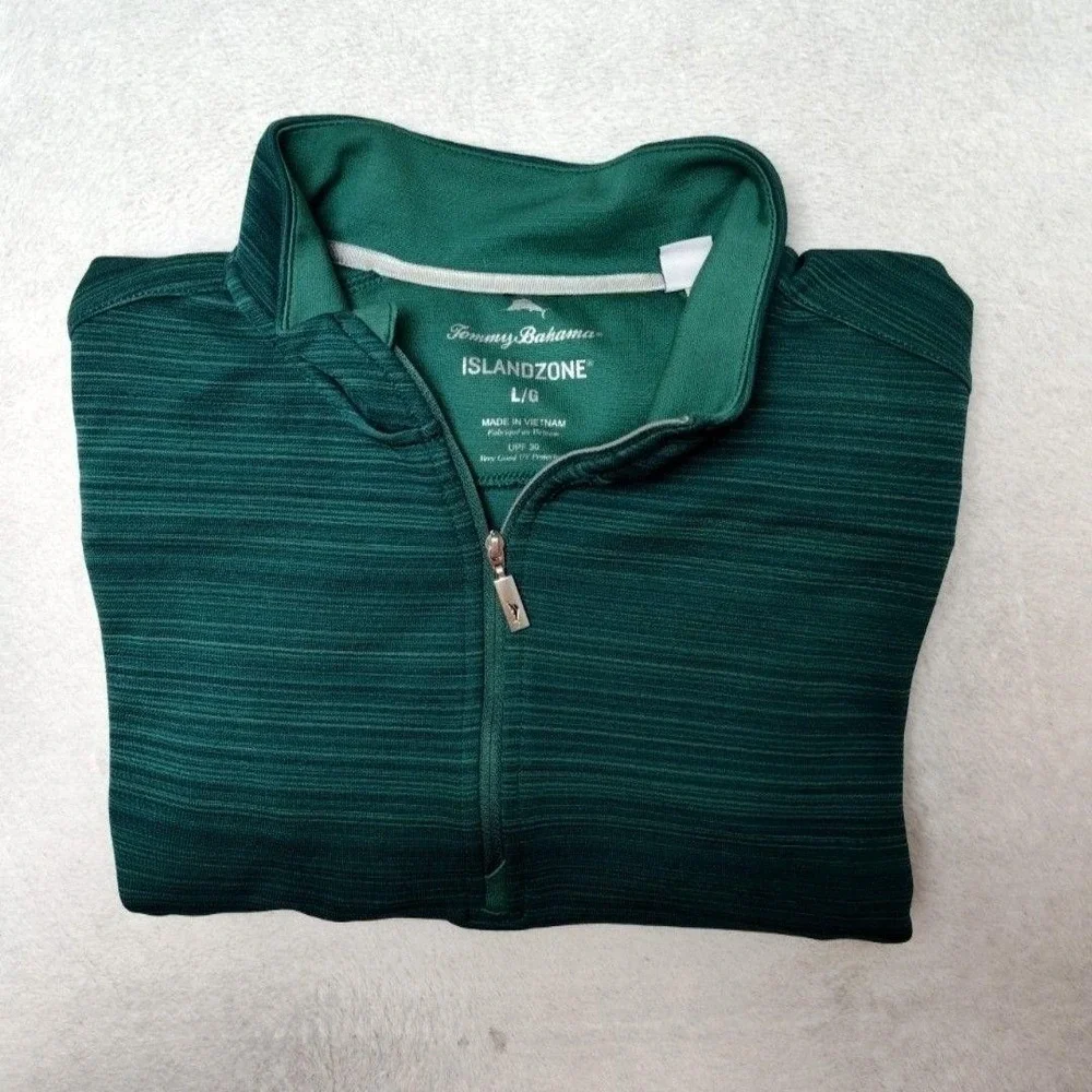 Tommy Bahama Pullover Mens L Green IslandZone 1/4 Zip Mock Neck Striped Golf